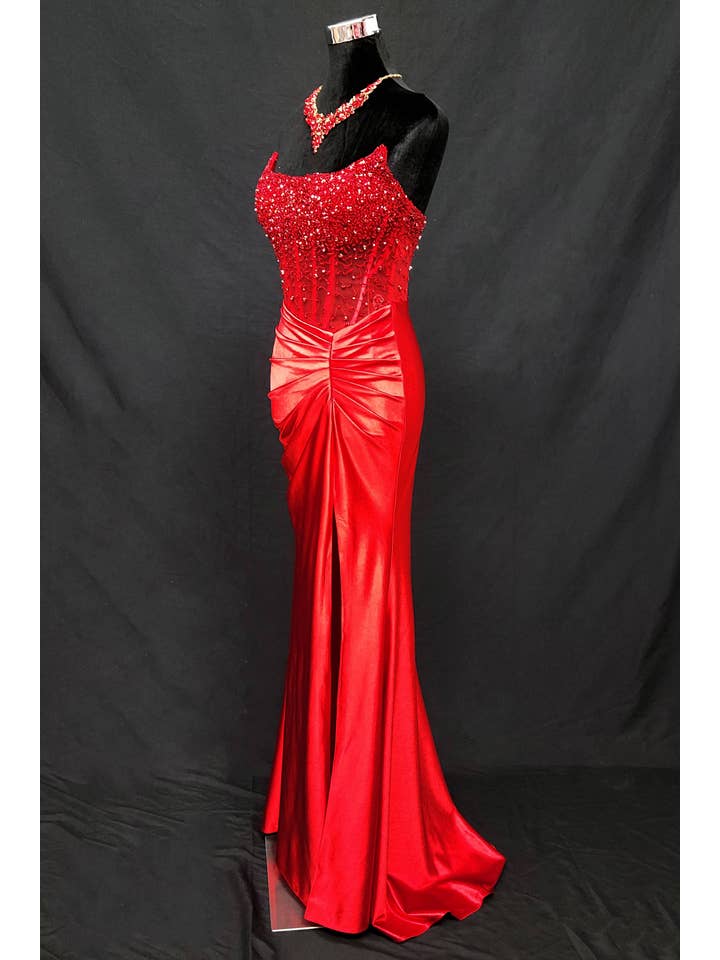 Chicas - Vente Robe de soirée – femme - Robe bustier en satin avec corset à perles et sequins C83124