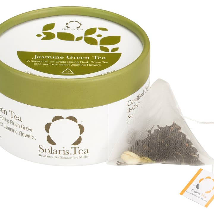 BIO jasmin grönt te cylinder 15x2g biologiskt nedbrytbar pyra för wholesale av Solaris Tea / Good Earth Goods e.K.
