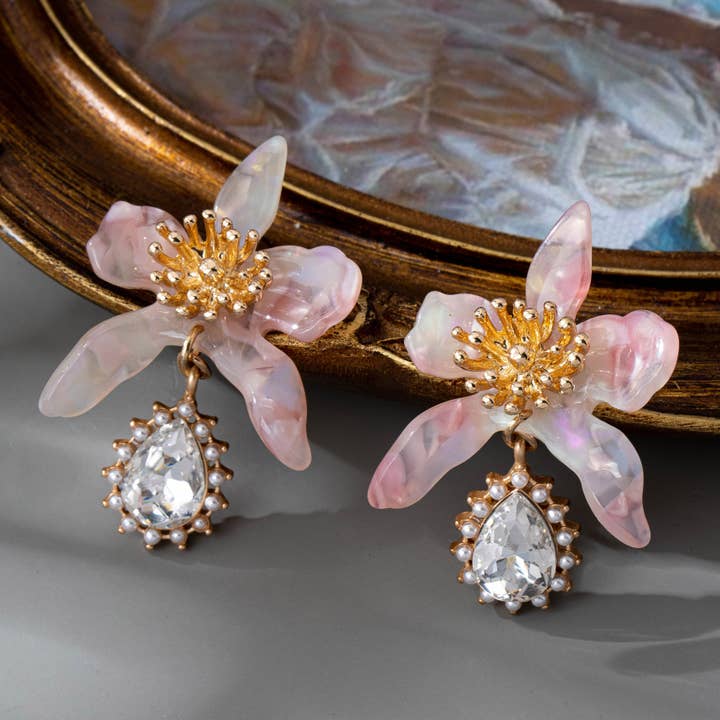 GOLD RHINESTEONE DROP FLORAL PINK TORT EARRINGS | 80E61428 for wholesale on Faire4