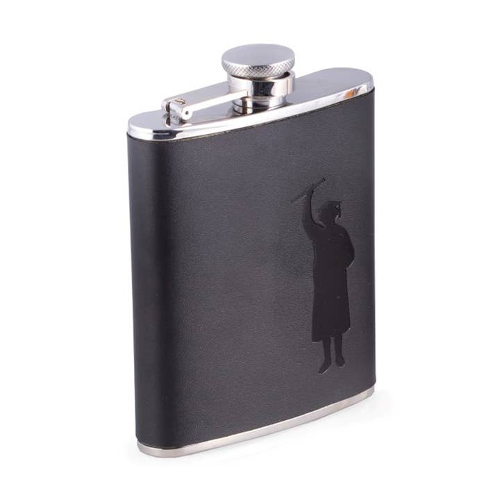 6 oz. Stainless Steel Black Leather "Graduation" Flask for wholesale by BeyBerk International
