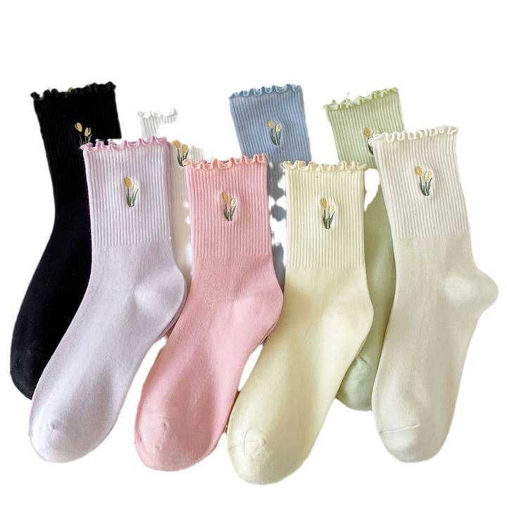 NINEXIS - Vente Chaussettes – femme - CWMS02987_CHAUSSETTES FEMME À VOLANTS TULIPE BRODÉS1