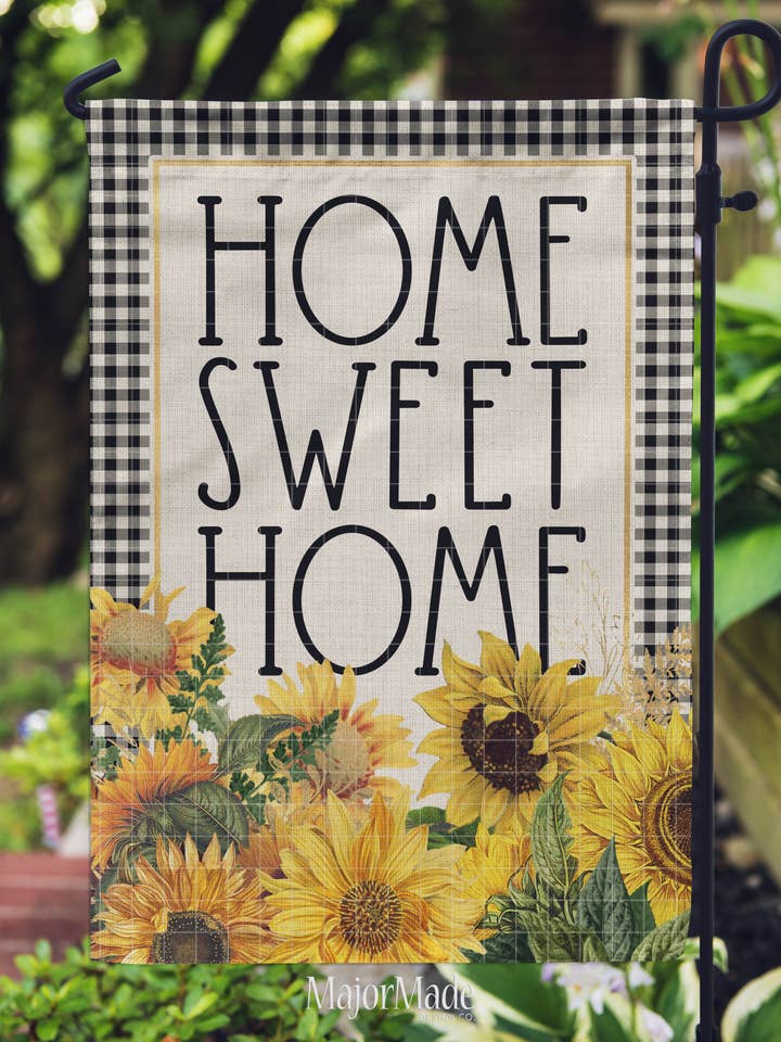 Bandiera da giardino Home Sweet Home con motivo floreale e plaid per la vendita all'ingrosso da parte di MajorMade Design Co