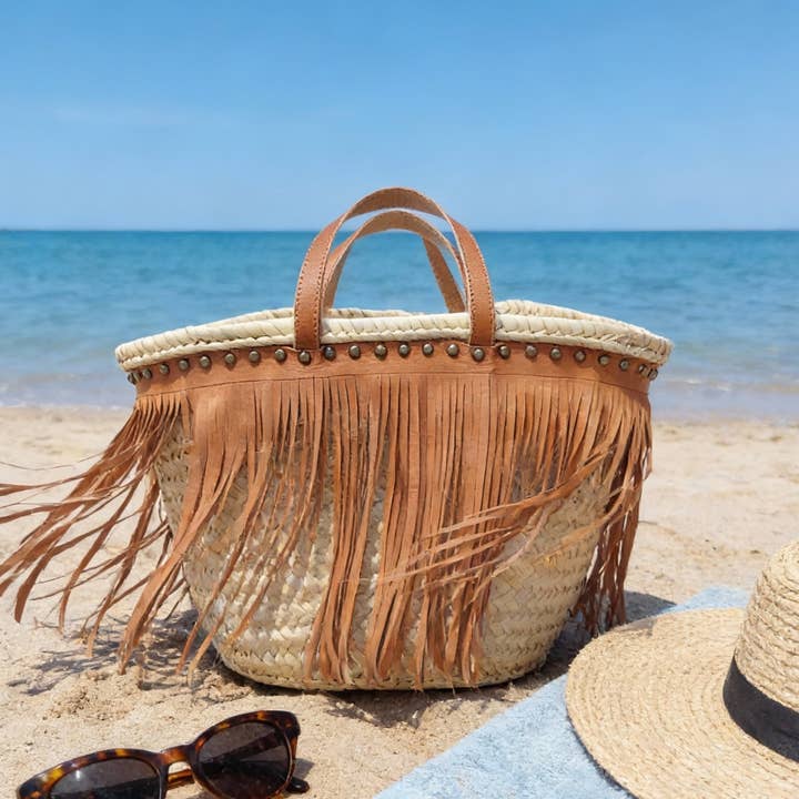 Moroccan Straw Basket with Leather Fringe & Handle Options for wholesale by King Of Handmade