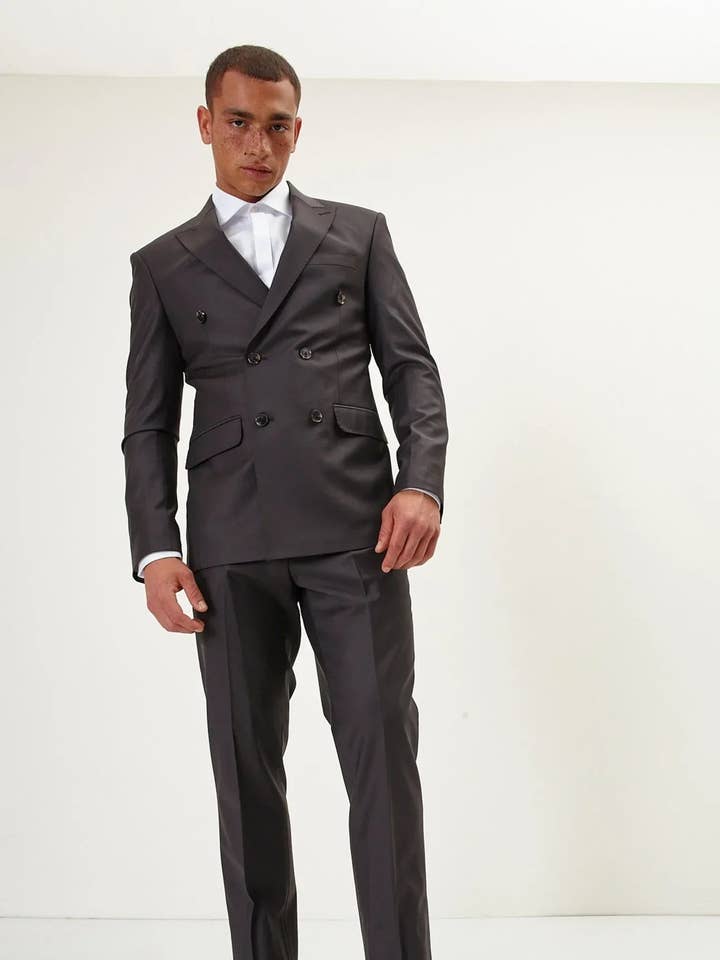 Men's Super 180S Merino Wool Double Breasted Suit- Chocolate for wholesale by Ron Tomson