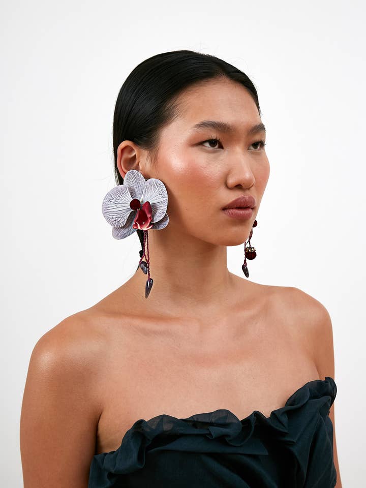 Orchid Asymmetrical Earring for wholesale by Ranjana Khan