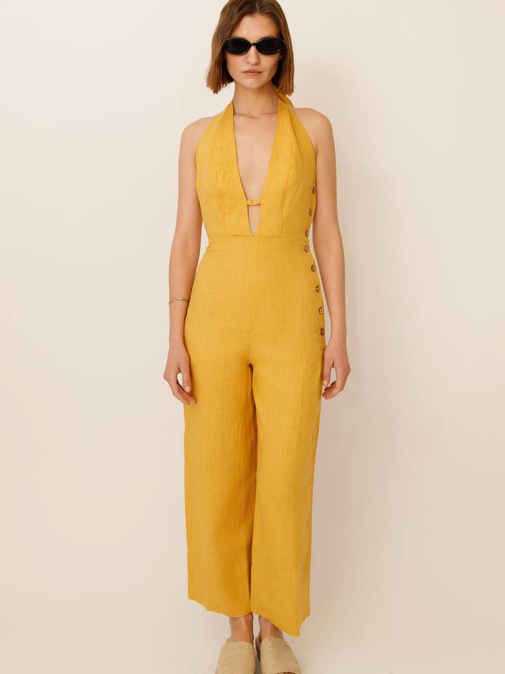 Keoni Deep V Linne Jumpsuit för wholesale av WUESTE