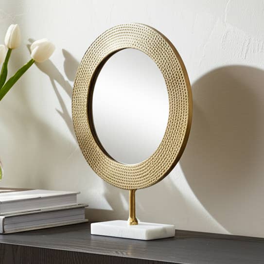 Metal Circular Hammered Mirror on Marble Base - Gold, 21 in. for wholesale by Sagebrook Home