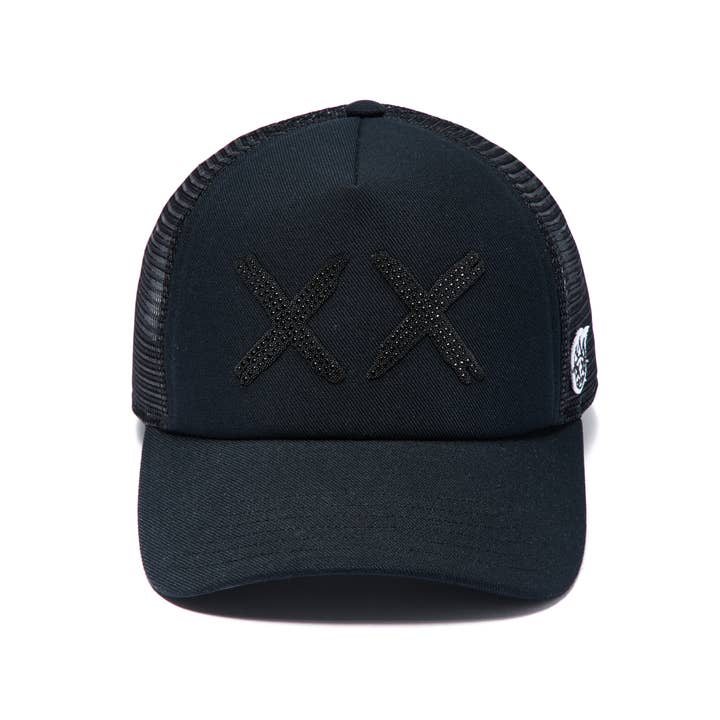 Cult's Black Crystals Mesh Trucker Hat "XX" Logo In Black for wholesale by Cult of Individuality