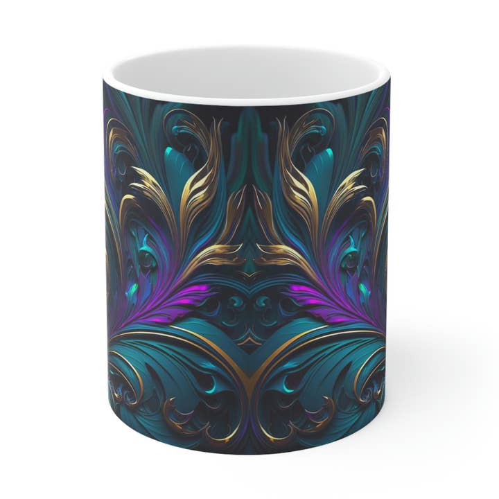 Tasse en céramique Blue and Gold Swirls 11 oz pour la vente par Lilly's Artwork