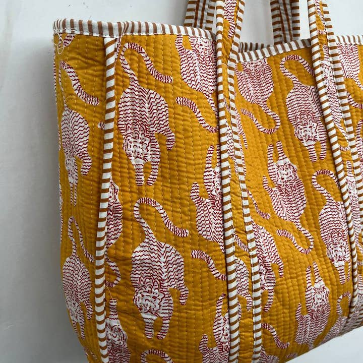 bhavnas boutique - Wholesale Beach Bag - Yellow Women Bag Tiger Printed Cotton Quilted Bag Beach Bag