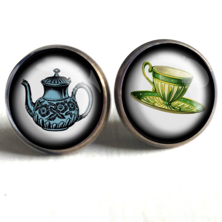 The Divine Iguana - Wholesale Stud/Post Earrings - Blue Teacup and Teapot Steampunk Victorian Stud Earrings