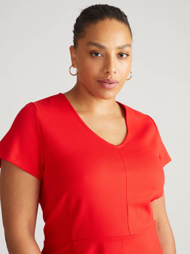 Executive V Neck Ponte Dress - Vermilion Red for wholesale on Faire