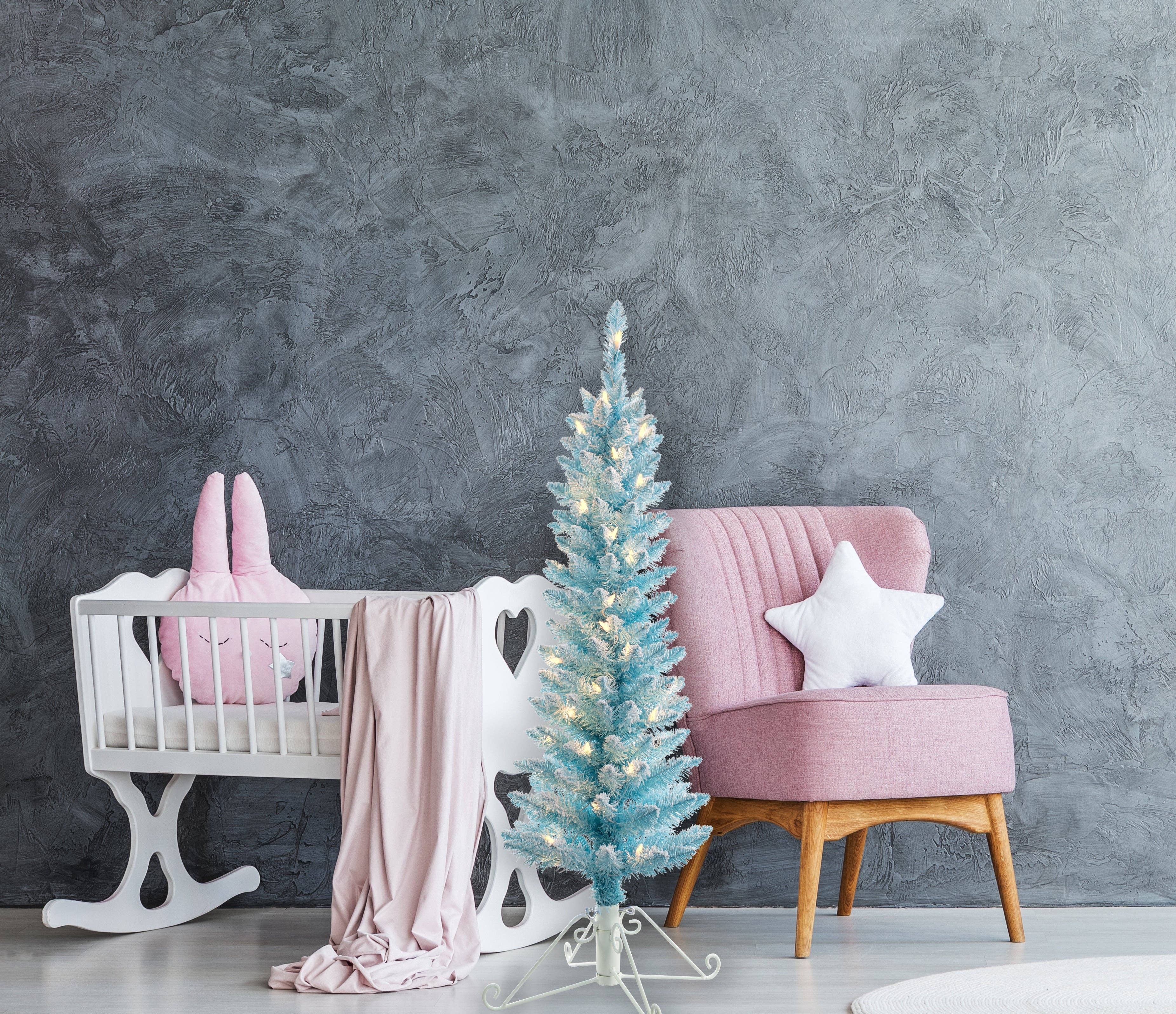 Haute Decor - Vente Sapin de Noël artificiel - Sapin de Noël floqué en coton bleu prééclairé de 4 pieds2