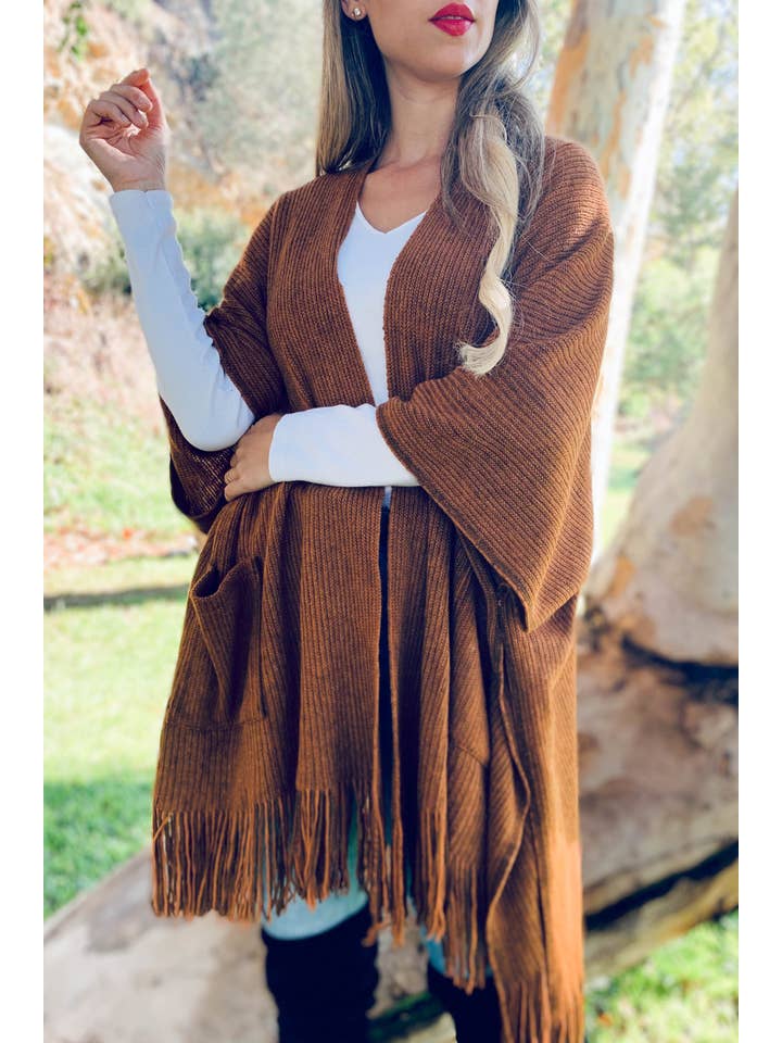 Camel Soft Knitted Pocket Kimono Cardigan With Fringe for wholesale on Faire