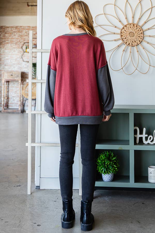 7th Ray - Wholesale Knit Top - Women's - Color Block Front Pocket Oversized Long Sleeve Top T53459