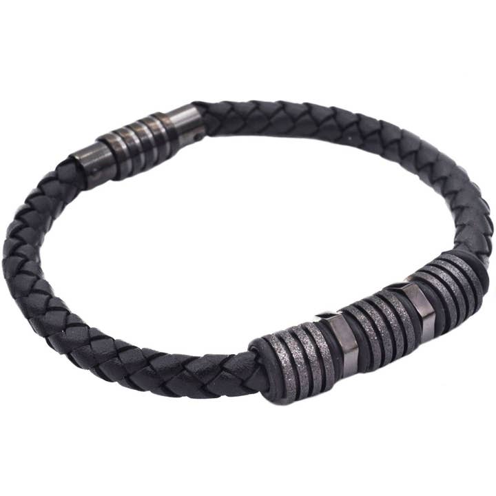 Men's Black Leather Sandblasted Black Stainless Steel Bracelet for wholesale by Blackjack Mens Jewelry