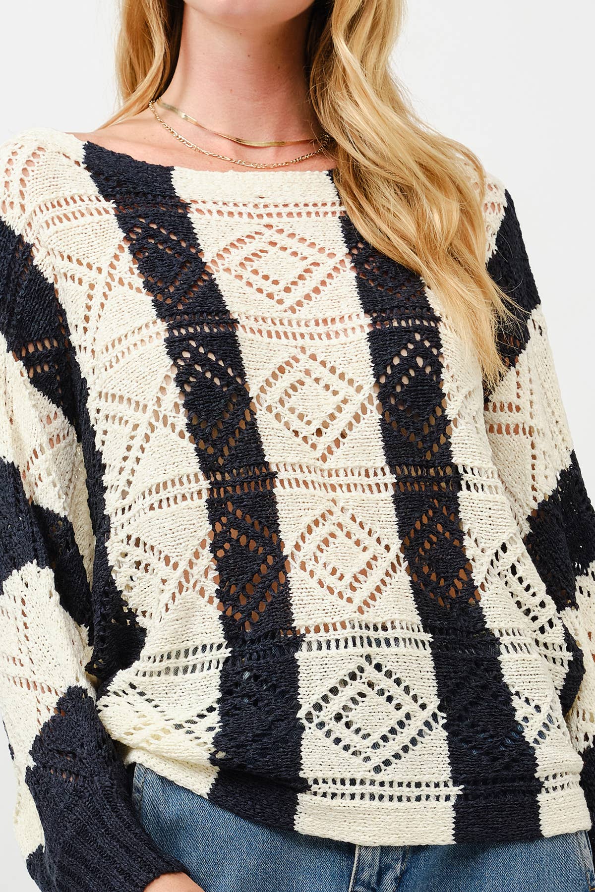 Ivory Navy Open Knit Crochet Sweater for wholesale on Faire3