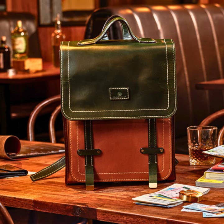 Florence Men Leather Backpack Green and Tan for wholesale by Alejandra Collective