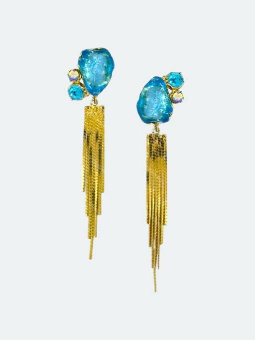 Örhängen med miljövänliga resinstenar, kristaller och guldfärgade tofsar för wholesale av Sebastián Isabelino