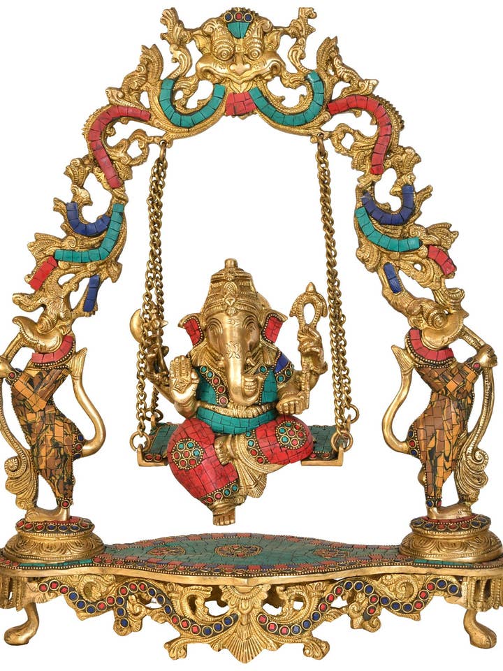 18 ”Mässing Lord Ganesha-staty på gunga med inlägg för wholesale av Exotic India Art