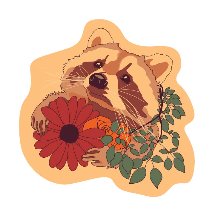 Raccoon & Flowers Sticker for wholesale by Nature Bound Co