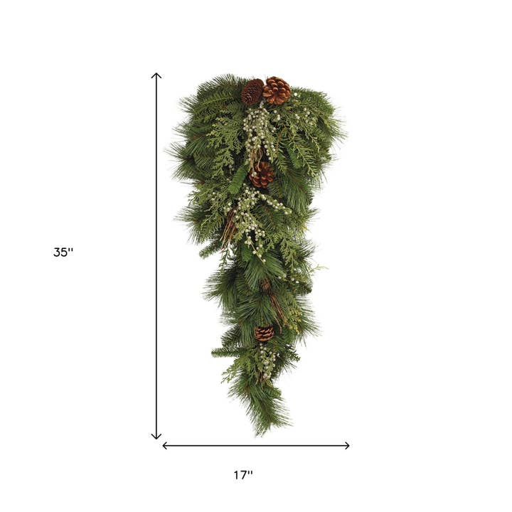 HomeRoots – wholesale Wreath – 32" Green And Brown Pine Juniper And Pinecone Winter Linear Wreath Wall Swag2