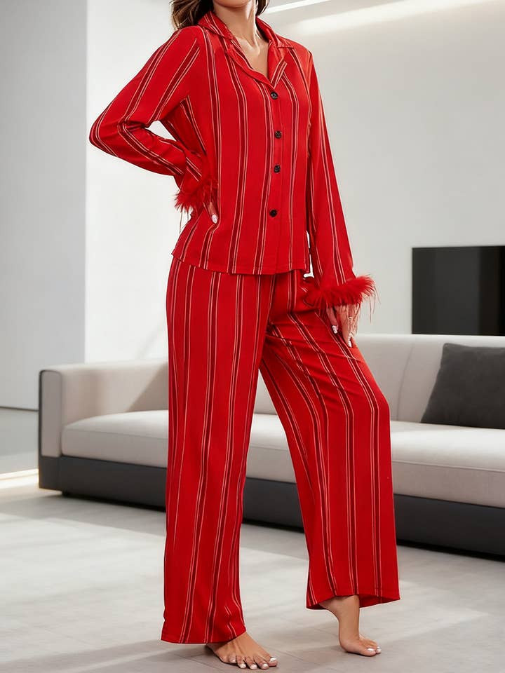 ROUGE Ensemble de vêtements d'intérieur avec chemise à manches longues et pantalon long en vente sur Faire0