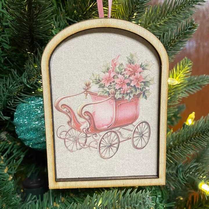 Pink Christmas Carriage Arched Ornament for wholesale by LAND OF COTTON