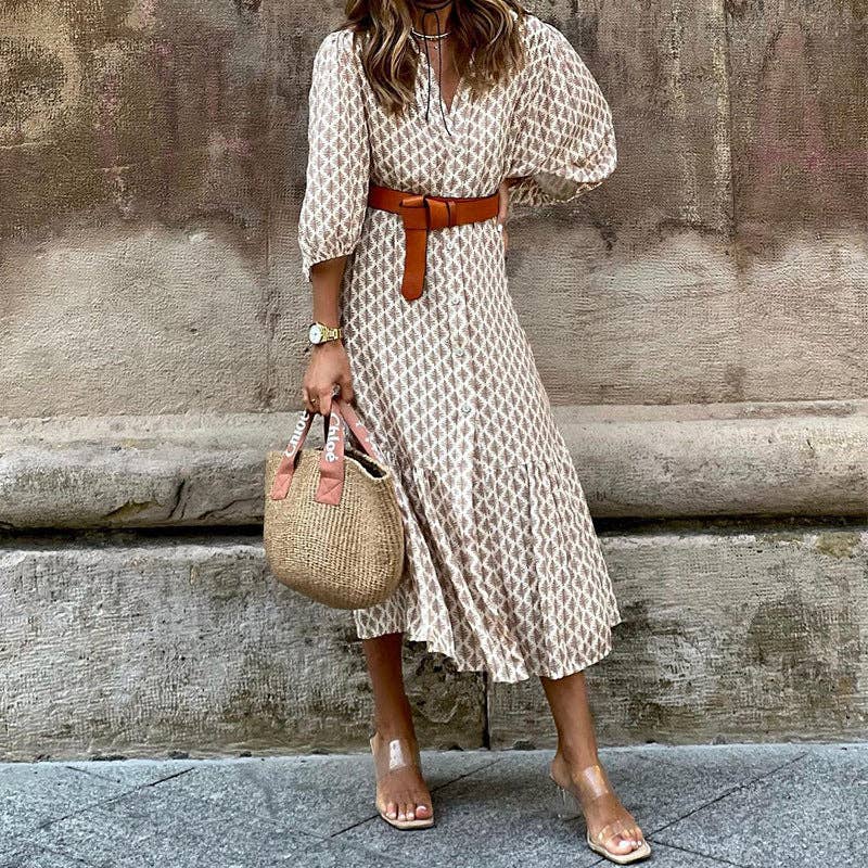 Khaki Printed V-Neck Long Dress with Belt for wholesale on Faire1