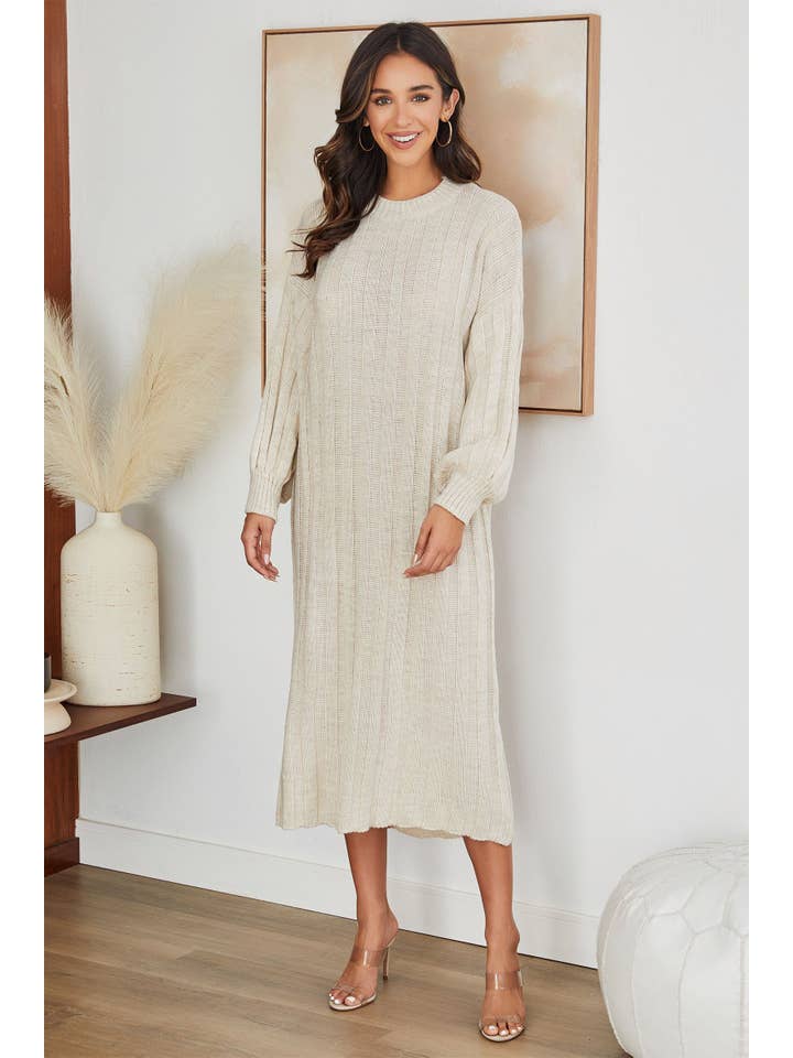 Beige CREW NECK RIB LONG SLEEVE SWEATER DRESS (6737) for wholesale on Faire