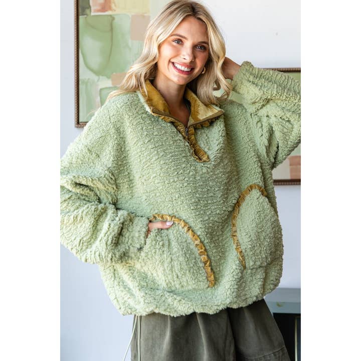 Veveret - Wholesale Knit Top - Women's - Texture Sherpa Half Zip-Up Top