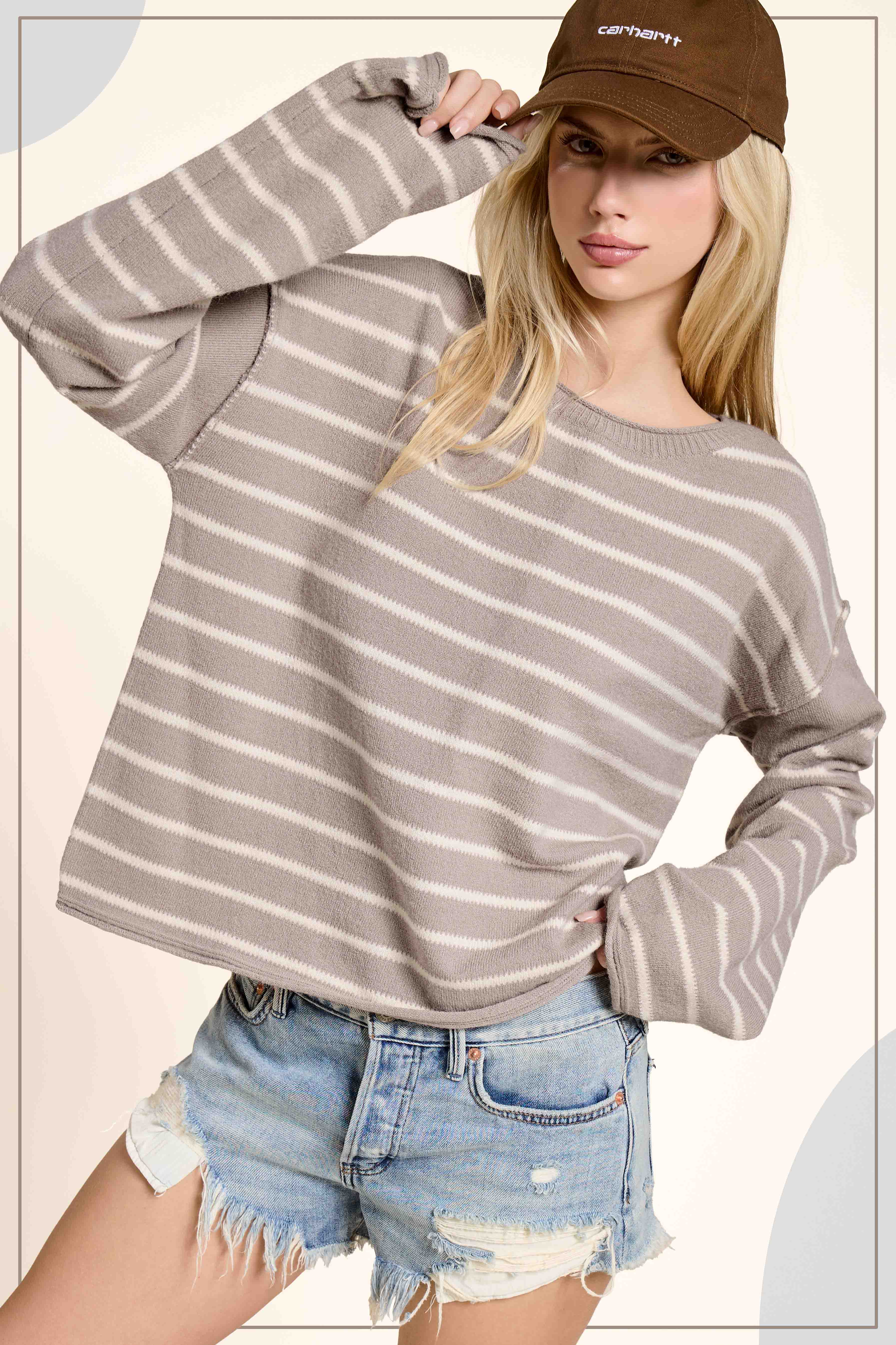 La Miel - Wholesale Knit Sweater - Women's - MCS3588-Striped Round Neck Loose Fit Long Sleeve Sweater3
