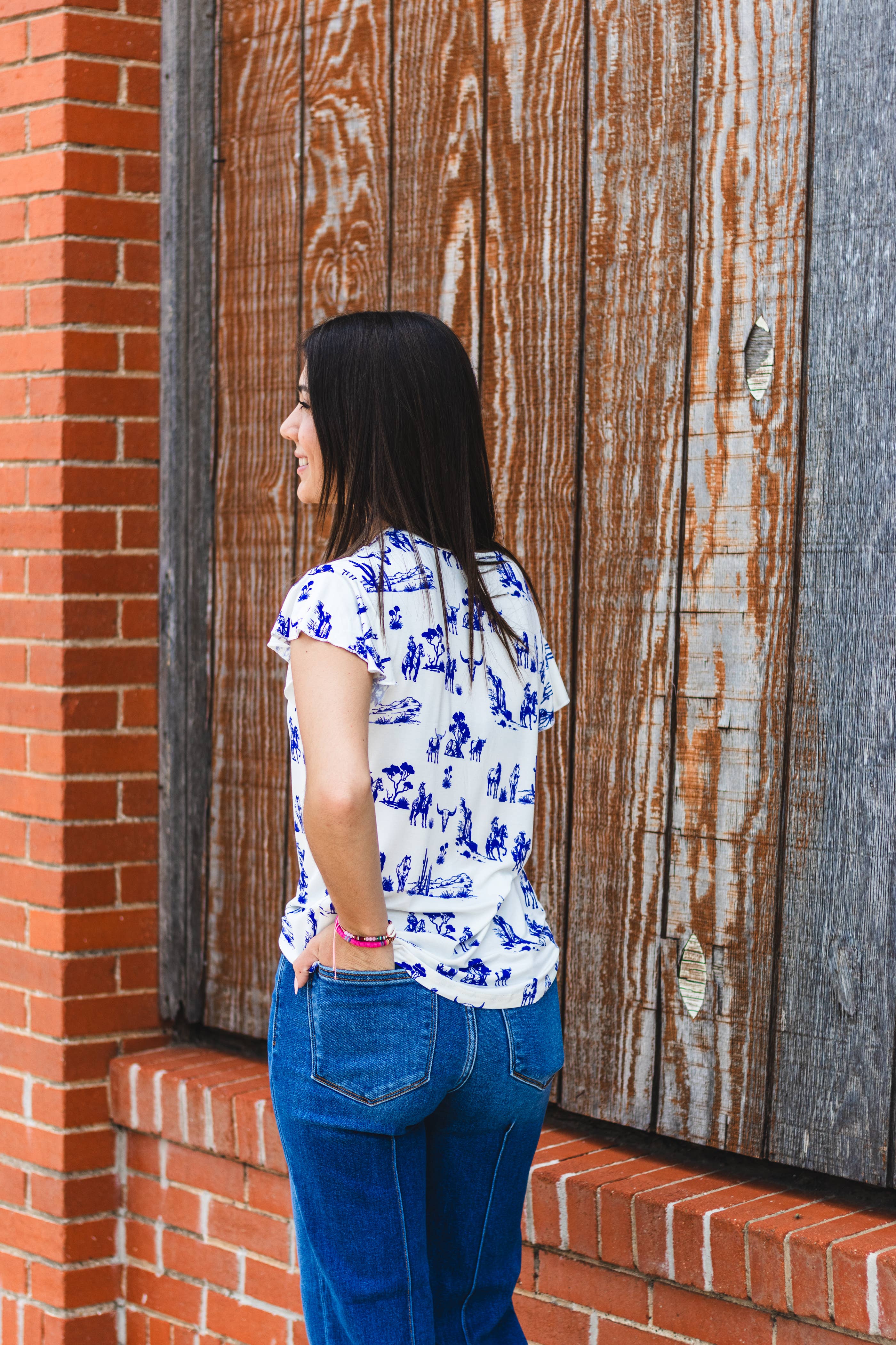 Rockin A Design - Vente T-shirt – femme - Top à manches volantées à imprimé toile western3