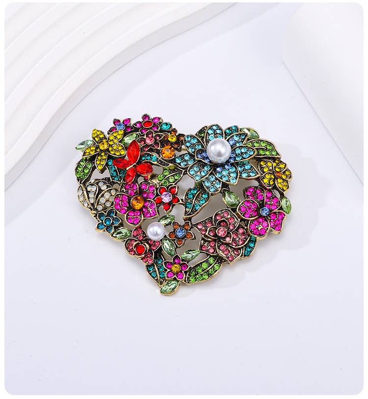 Heart Vintage Colorful Rhinestone Floral Brooch for wholesale on Faire2