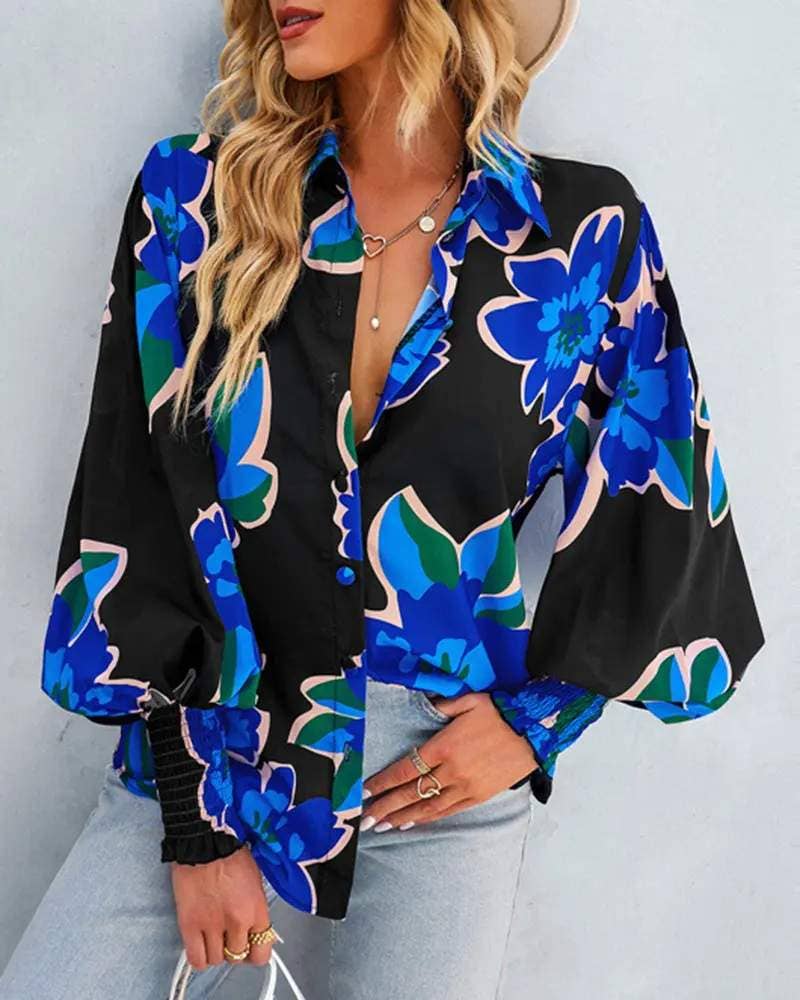 BLEU haut boutonné à manches lanterne à imprimé floral en vente sur Faire3