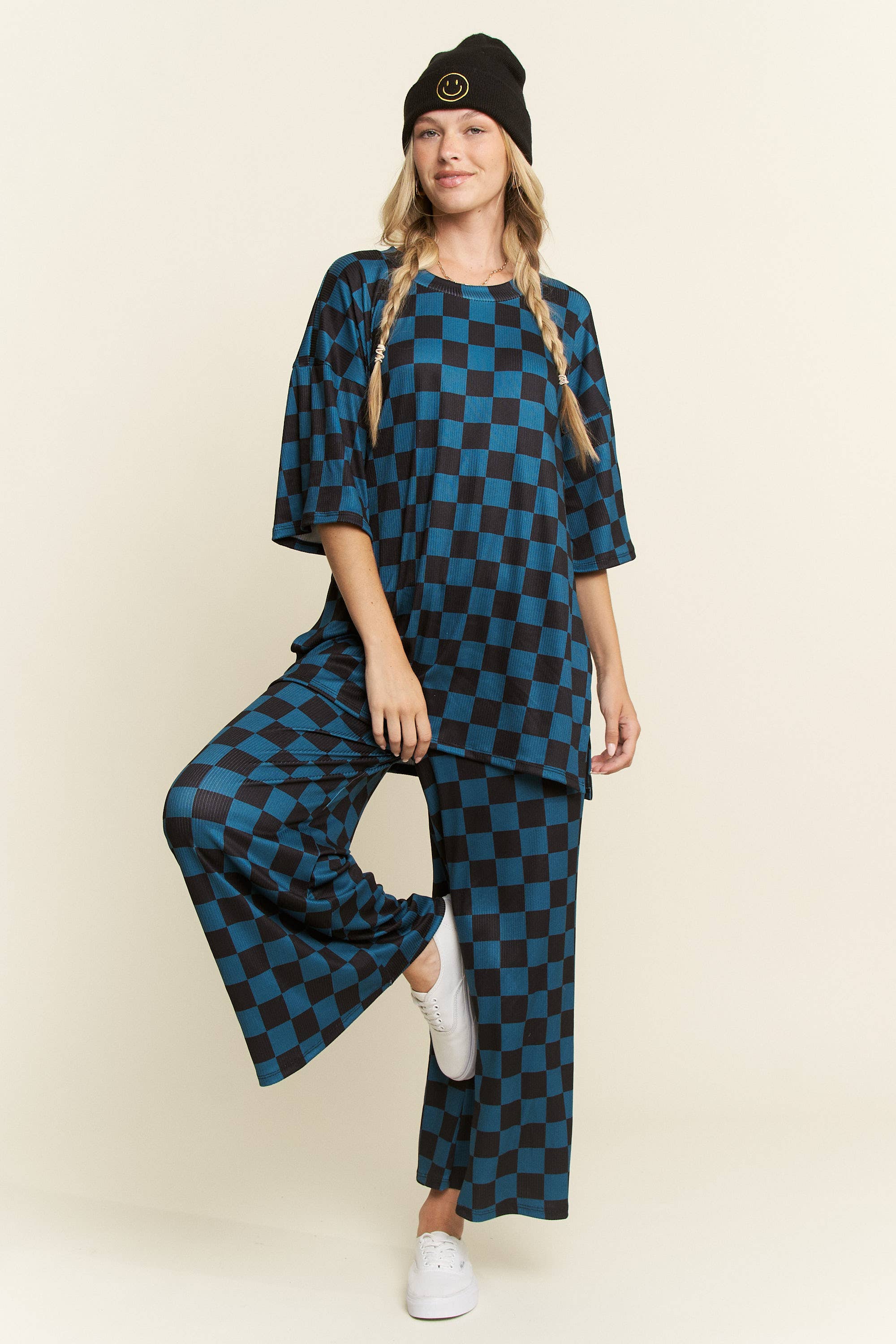 JADE BY JANE - Wholesale Lounge Set - Women's - RIBBED CHECKERED PRINT TOP/STRAIGHT LEG PANTS SET28