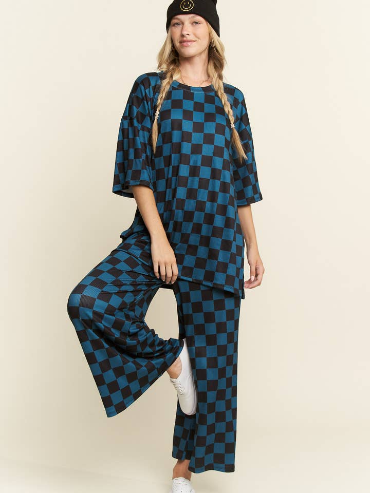 JADE BY JANE - Wholesale Lounge Set - Women's - RIBBED CHECKERED PRINT TOP/STRAIGHT LEG PANTS SET28