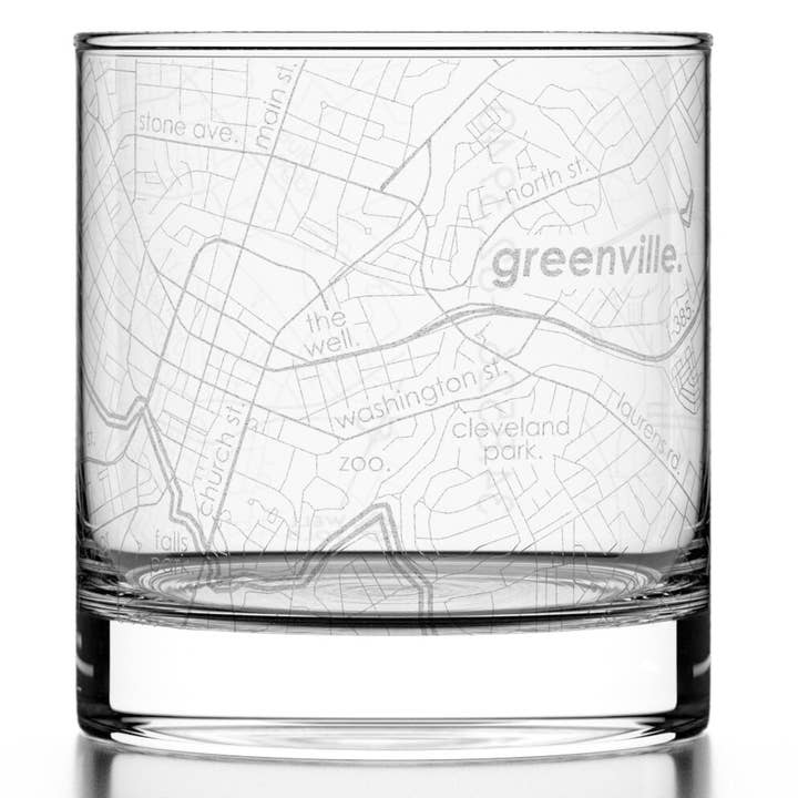 Greenville, SC City Map - Etched Whiskey Rocks Glass for wholesale by Well Told