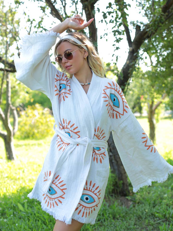 Moa - Wholesale Kaftan - Women's - Retro Evil Eye Short Kaftan Kimono