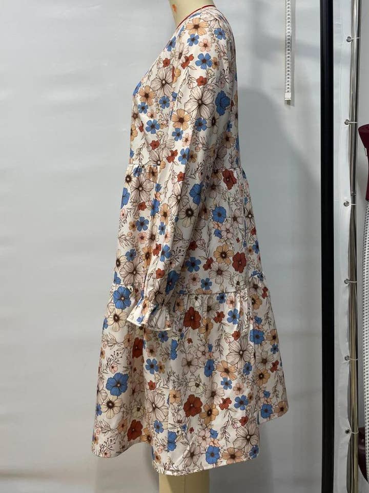 Apricot Floral print bohemian long-sleeves babydoll dress for wholesale on Faire4