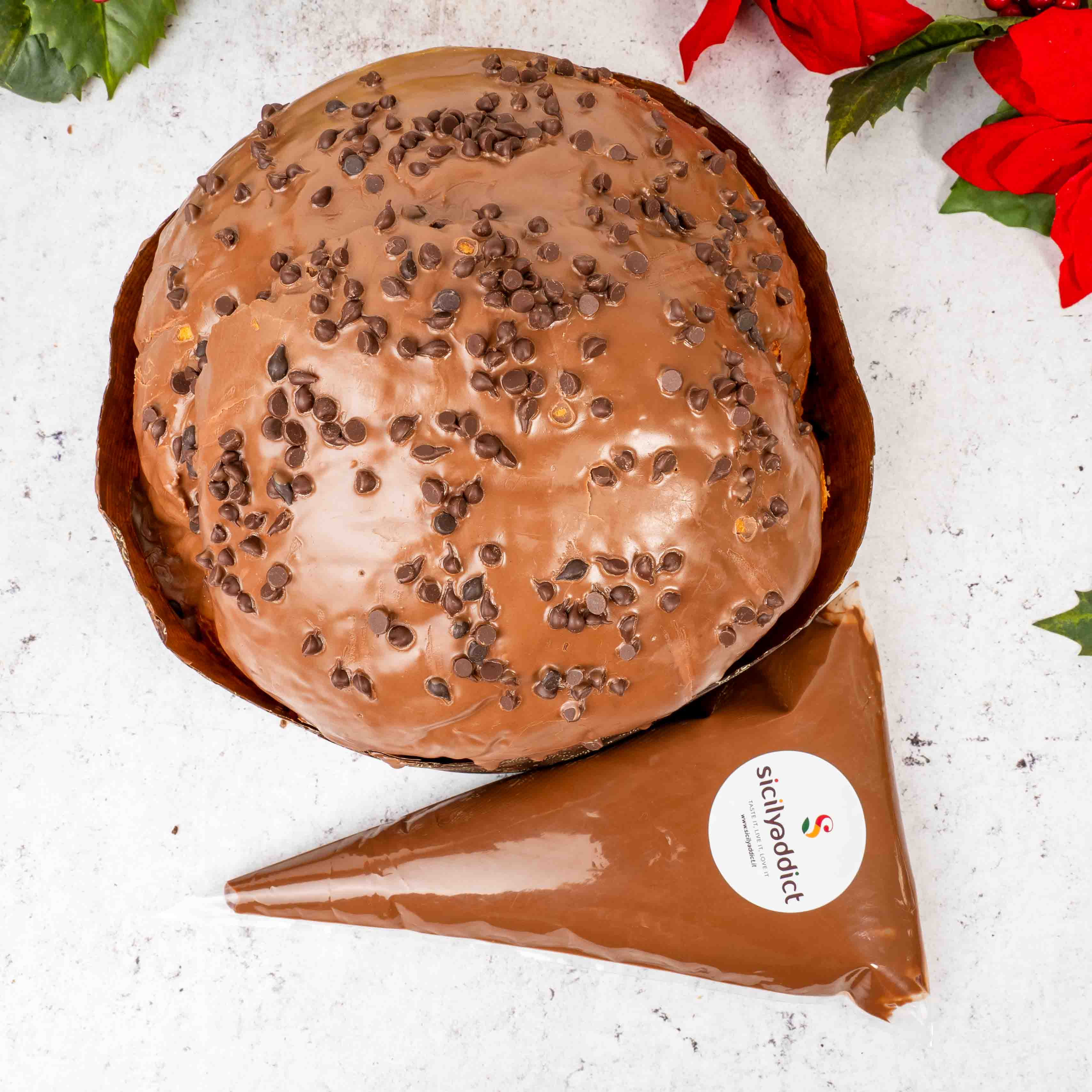 Sicilyaddict – wholesale Cake – Artisanal milk chocolate panettone 1kg with chocolate cream in a 200g pastry bag2