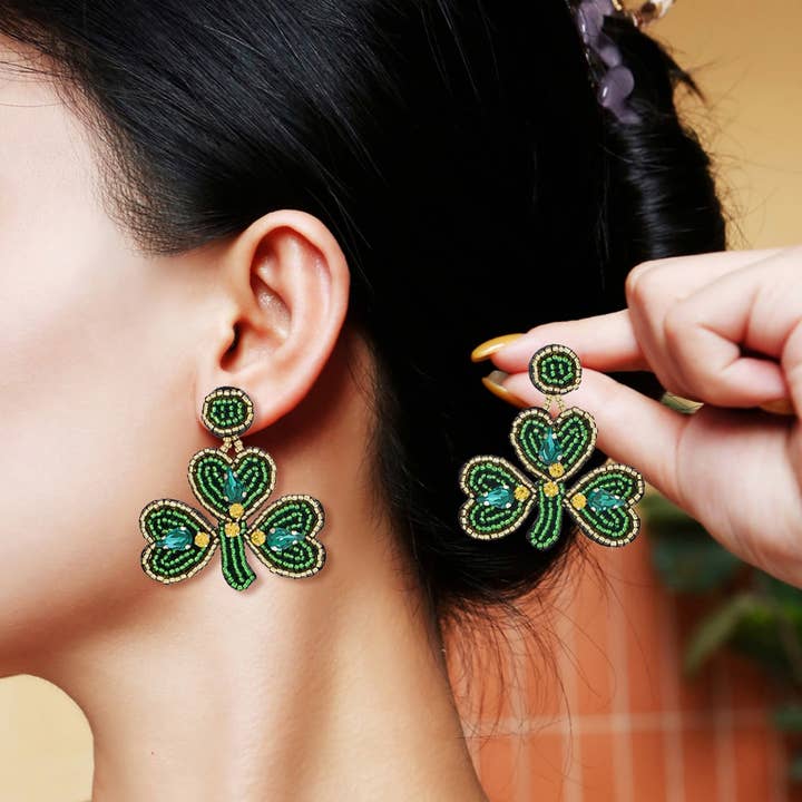 St. Patrick'S Day Green Clover Fashion Beaded Earrings for wholesale on Faire