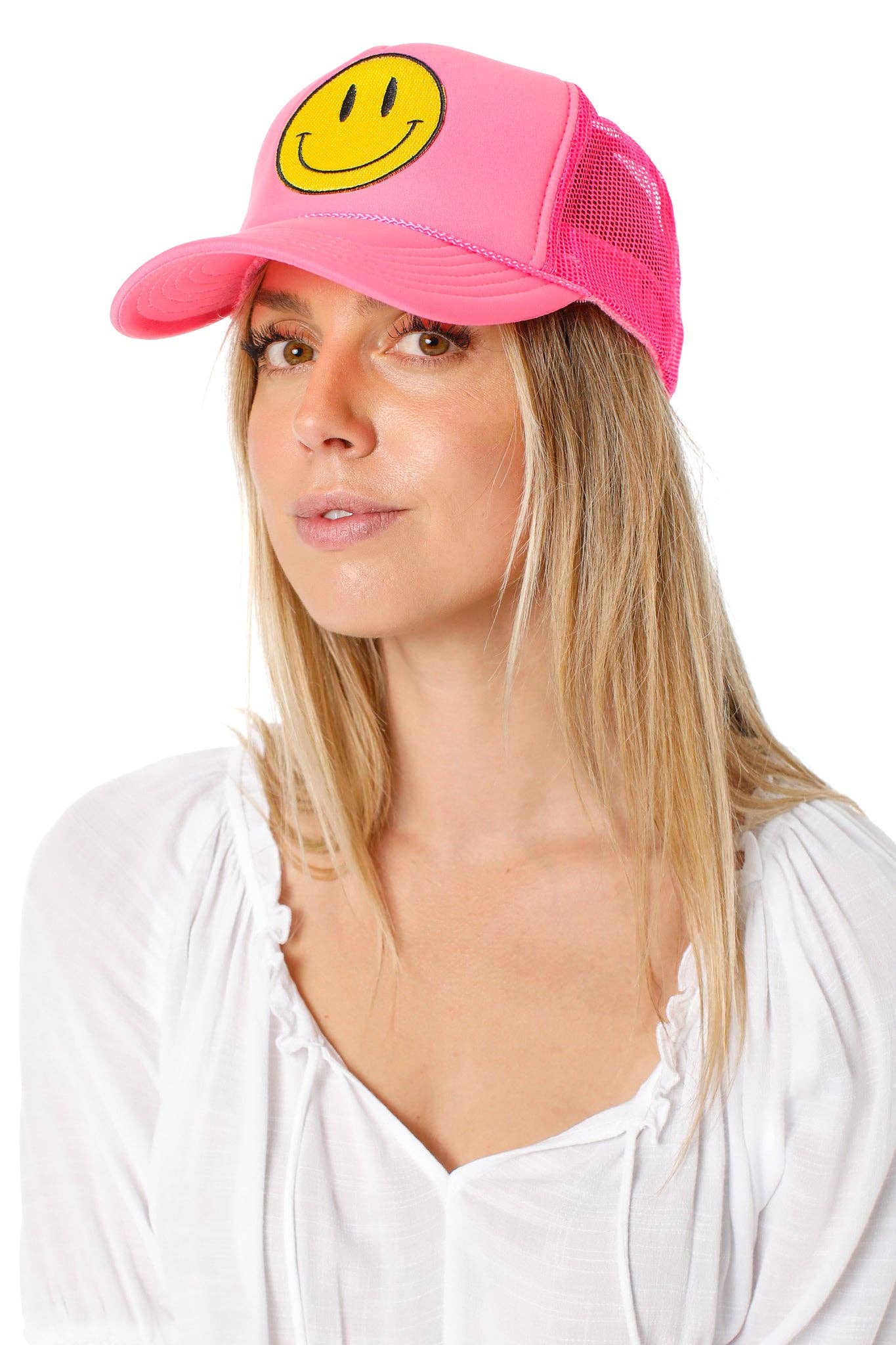 Happy Face Trucker Hat in Pink for wholesale on Faire1