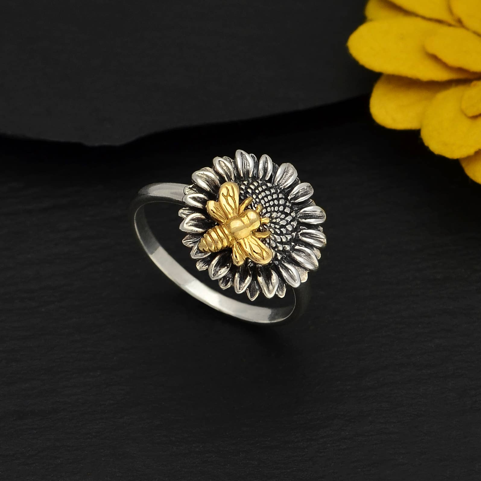 Nina Designs - Wholesale Cocktail/Statement Ring - Sterling Silver Sunflower Ring with Bronze Bee