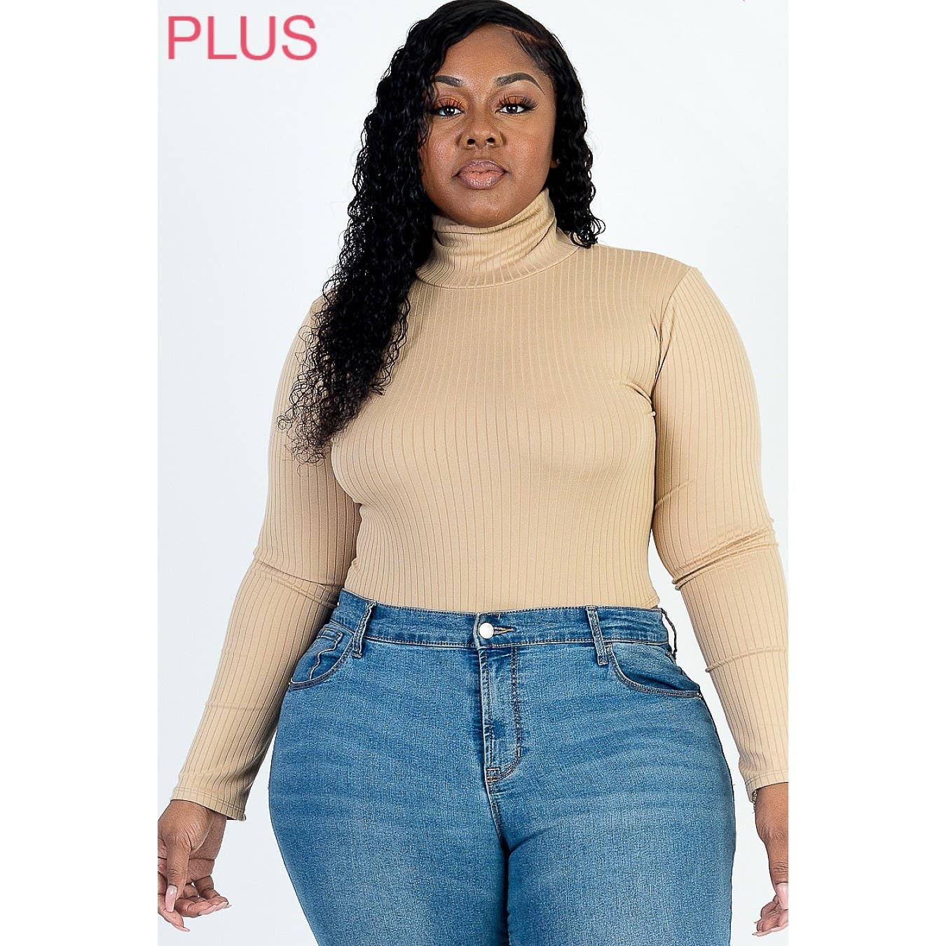 UP CLOTHING - Wholesale Bodysuit - Women's - Plus Size Ribbed Turtle Neck Long Sleeve Bodysuit3