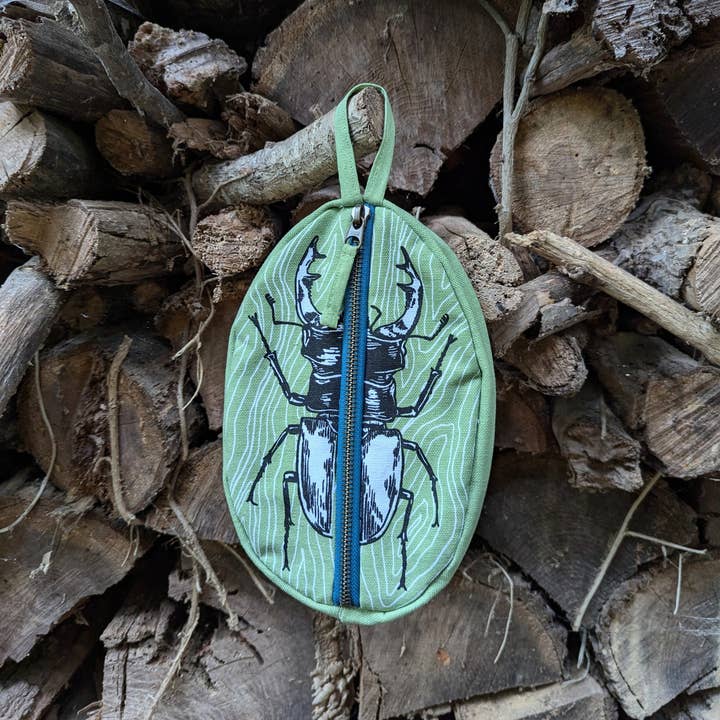 ilikesara | art + goods - Wholesale Pencil case/pouch - zippered pouch | stag beetle - green insect/bug pencil, supply, makeup bag with waterproof lining8