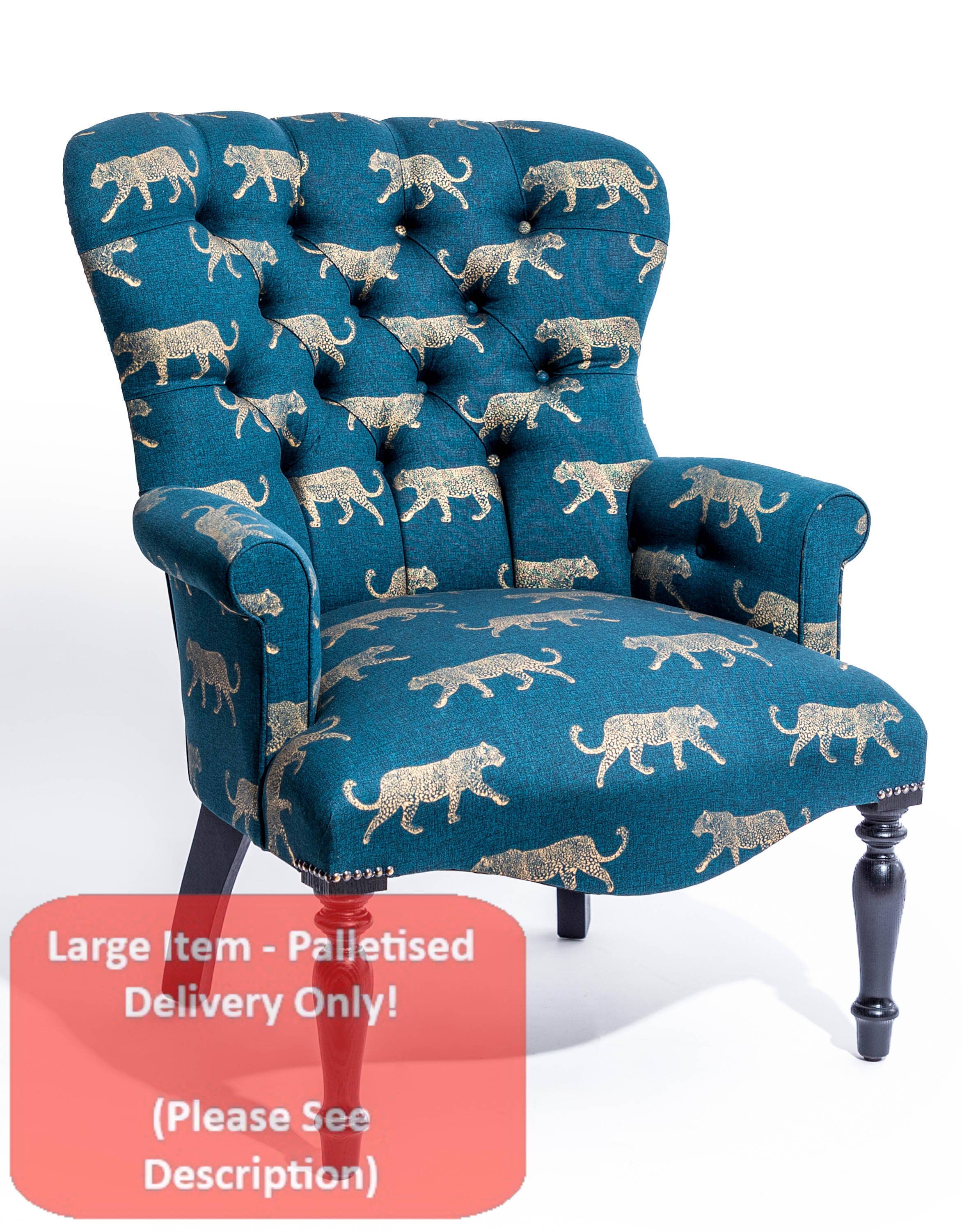 McGowan & Rutherford Ltd – wholesale Chair – Gold Leopard Teal Button Back Occasional Chair Handmade UK0