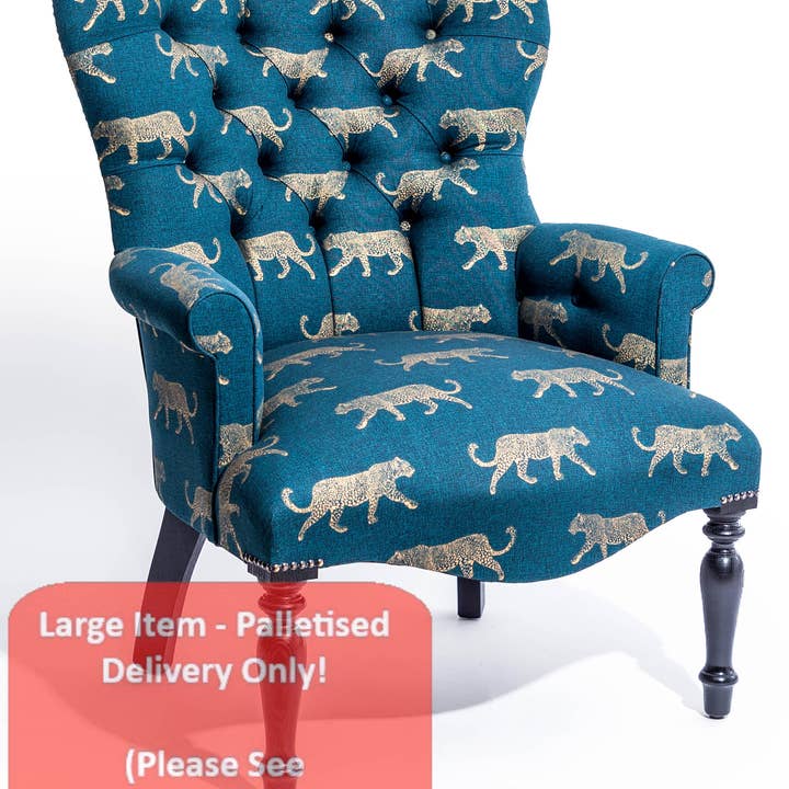 Gold Leopard Teal Button Back Occasional Chair Handmade UK and other Purchase wholesale local office furniture. Free returns & net 60 terms on Faire trending on Faire.