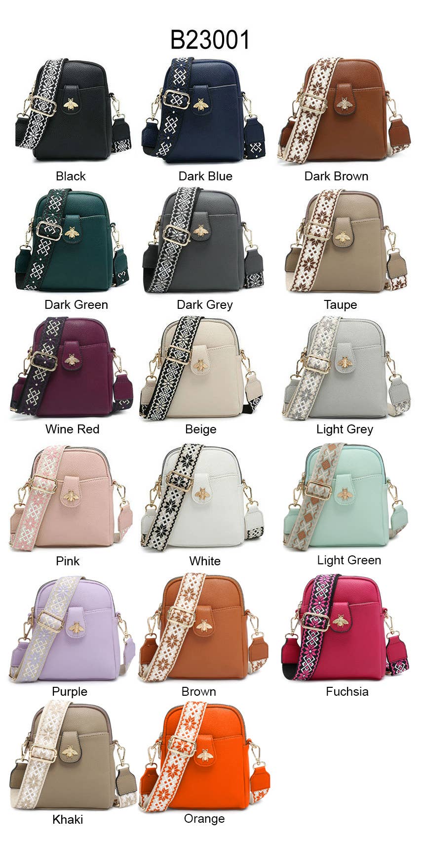 Papaya Fashion Ltd – wholesale Axelväska - Dam – B23001 Bee Cross Body Handväska med dubbla dragkedjefack upptill19