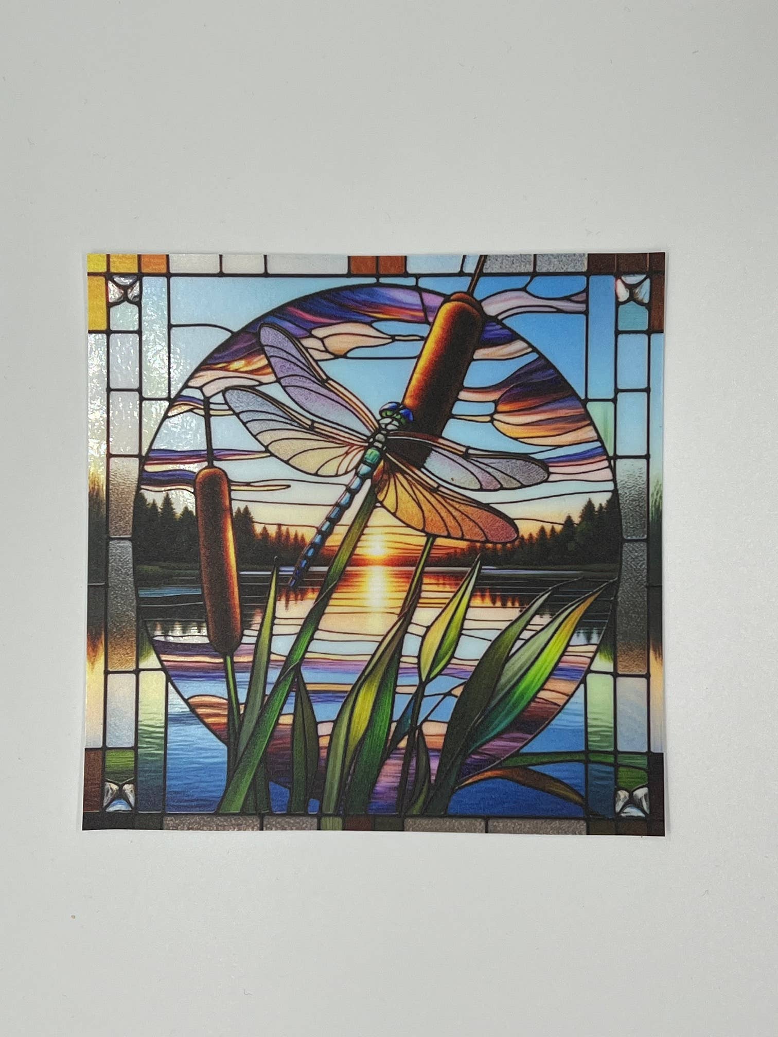 Cosmic Artware - Wholesale Suncatcher - Stained Glass Vinyl Window Cling, Dragonfly on Cattail2